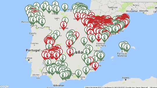 Mapa de España de localidades de trangénicos (En Rojo)